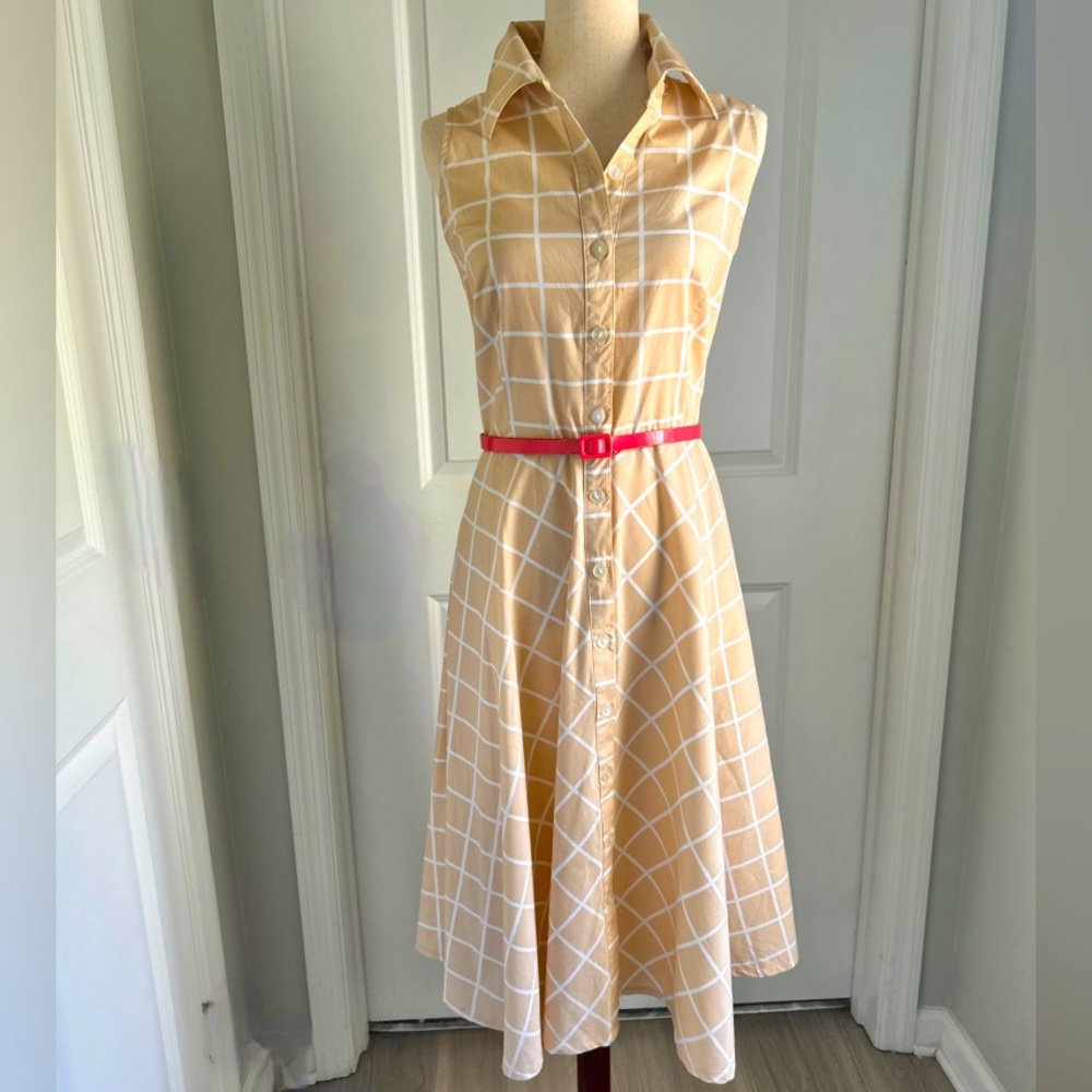 Tan and White, Fit and Flare, Sleeveless Midi Dress, Size 14